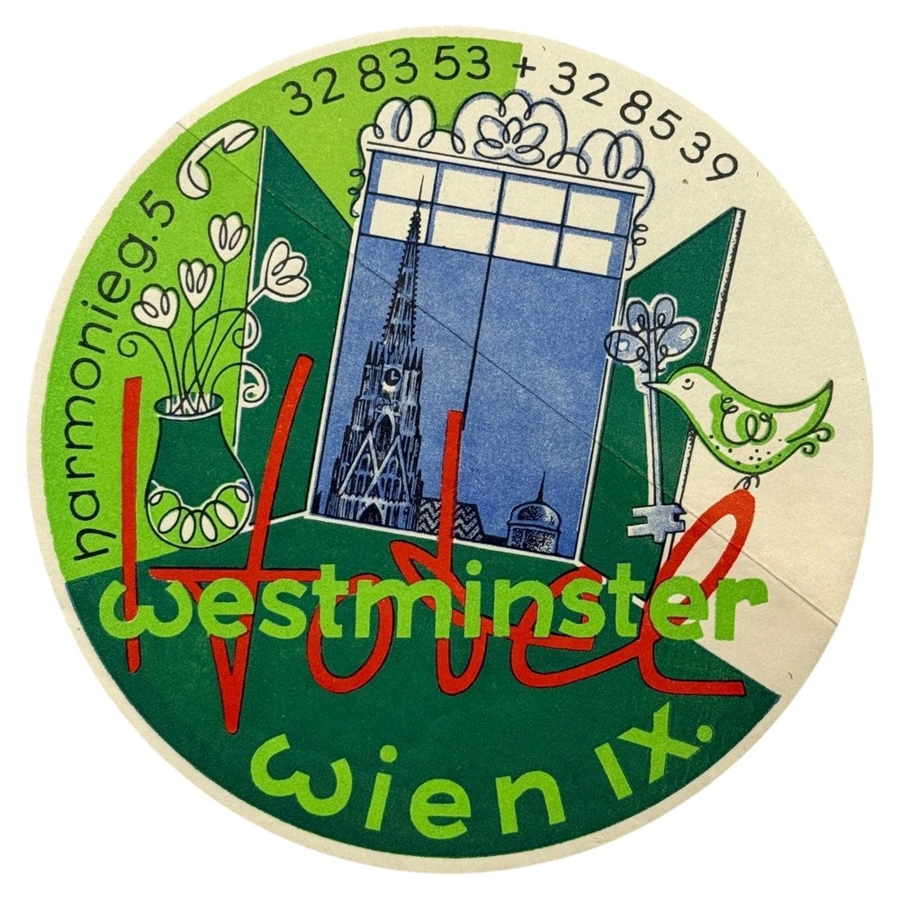 Hotel Westminster Luggage Label 1950s Vienna Austria Mid Century Modern Art